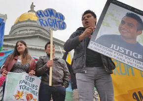 Supporters of Victor Diaz gather in front of the Vermont statehouse