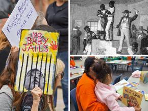 Clockwise from left: Protesting family separation; a slave auction; prison visit